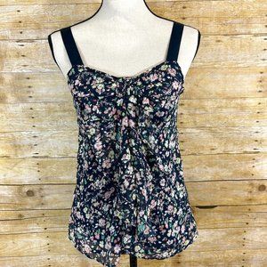 Lauren Conrad Chiffon Bow Ruffle Front Tank Top Blue Floral Butterfly Womens XS